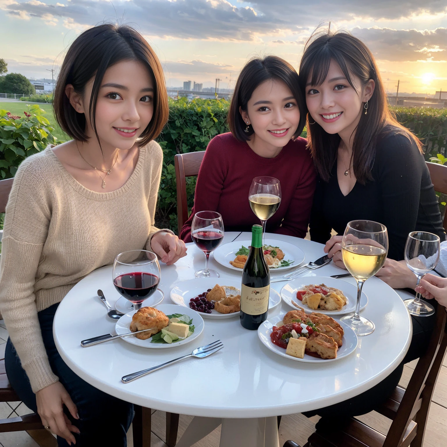 ((Highest quality、8K、masterpiece:1.3))、 (Ultra-realistic、 Genuine、Bright image、Intricate details:1.2), 最高のsmile、1 male、1 female、Beautiful couple、love love love、A lover who resembles Miki Nakatani、Good friends、actress couple、smile、Full-course dinner at a packed table、 (Slim face), (the body is slim), (Brown Hair), (short hair), テーブルのwine glass、Please shine a light on my face、 Amazing view of the sunset sky and clouds、 39 years old, red wine 、Appetizers、Wine bottle、sparkling wine、Long sleeve shirt、dress、White wine, red wine, wine glass,