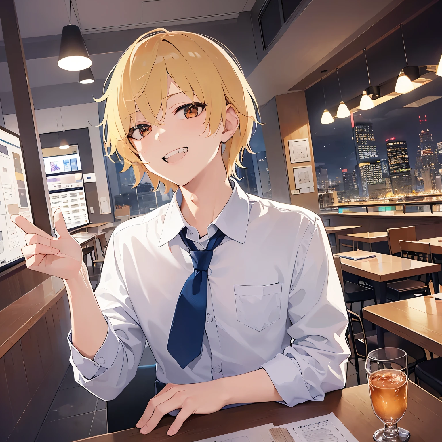 index finger raised、Biologically correct five fingers、upper body、shiny skin、masterpiece、Highest quality、BREAK (25-year-old male:1.5) and (Blonde short hair) and (Brown eyes) and (jitome:1.5), BREAK white collared shirt BREAK 立っている、(grin:1.3), open mouth, The background is the interior of a restaurant at night.、(alone:1.5)、Upper body is shown、