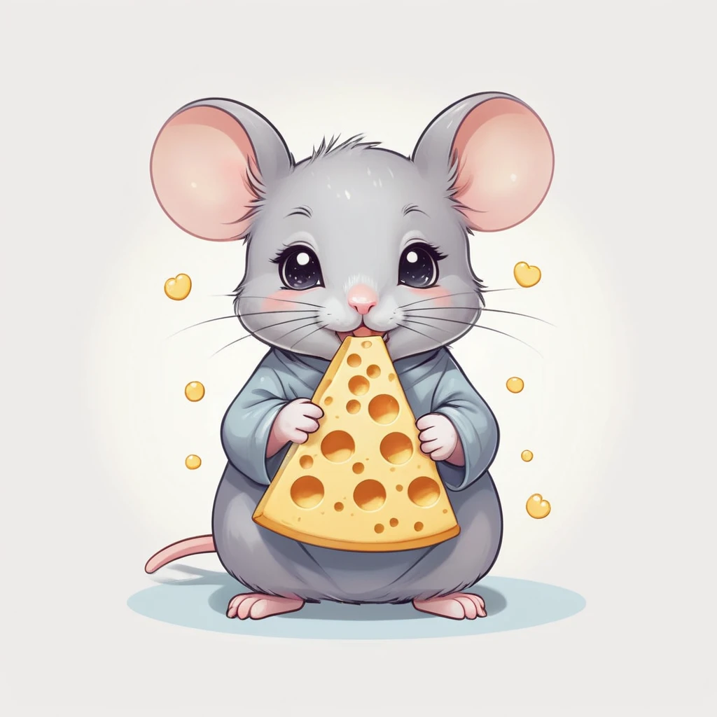 Adorable mouse zodiac character holding a small cheese, kawaii style, charming and playful mood, soft pastel lighting. T-shirt design graphic, vector, contour, white background.