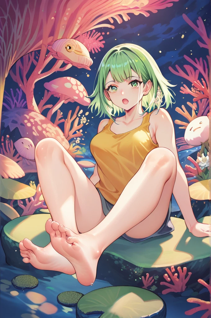 score_9, score_8_up, score_7_up, 1girl, sitting, looking at viewer, soles, socks, foot focus, foreshortening, saturday night fever, fucked silly, green hair, baby bangs, coral eyes, medium breasts, golden tank top, night, Bellflower \(flower\) background,