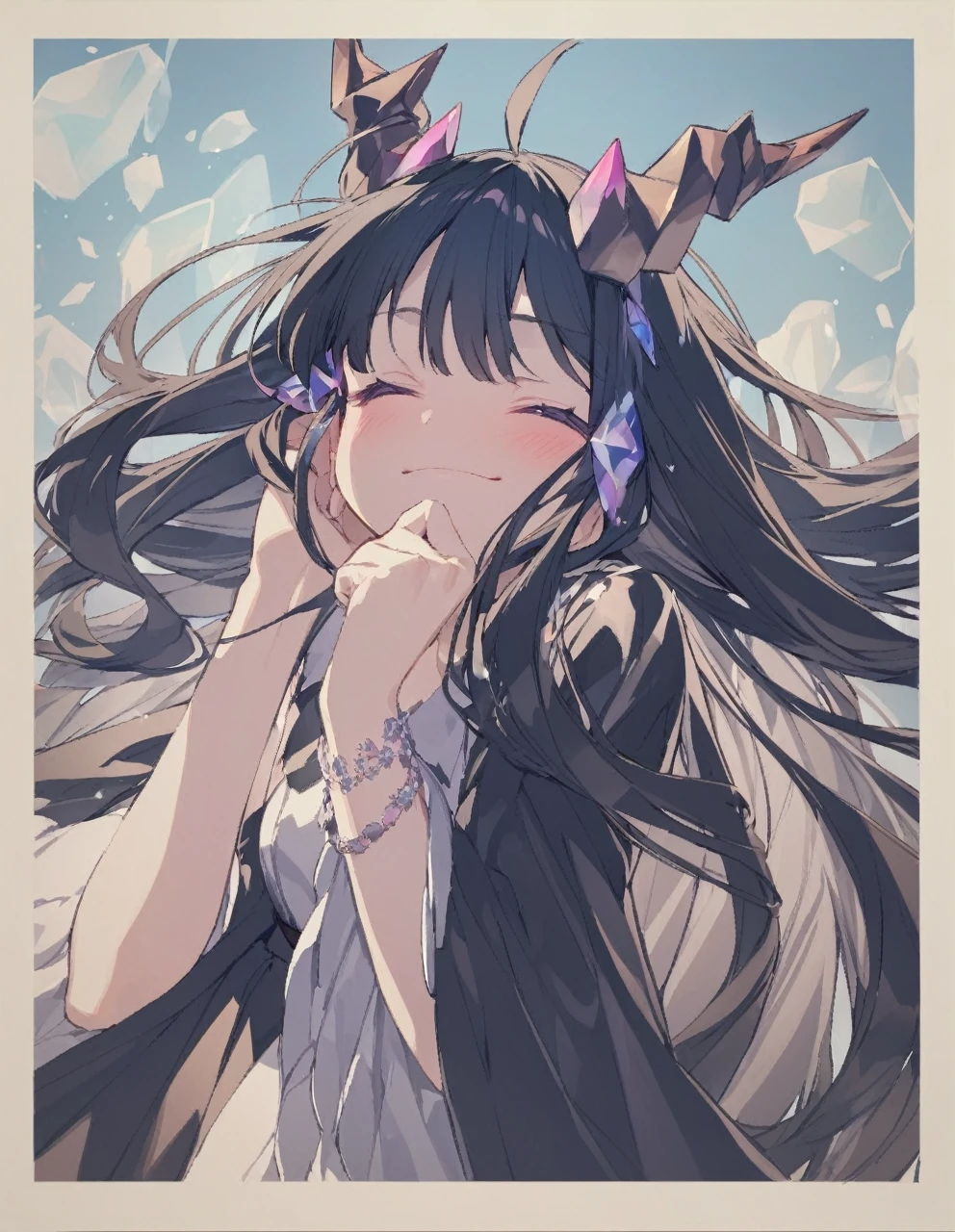 Place your hand on your cheek Perfect Fingers Insanely embarrassing Crystal Horn Shining Crystal Black Hair