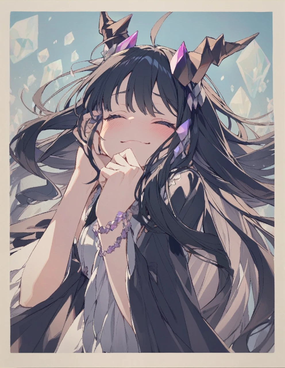 Place your hand on your cheek Perfect Fingers Insanely embarrassing Crystal Horn Shining Crystal Black Hair