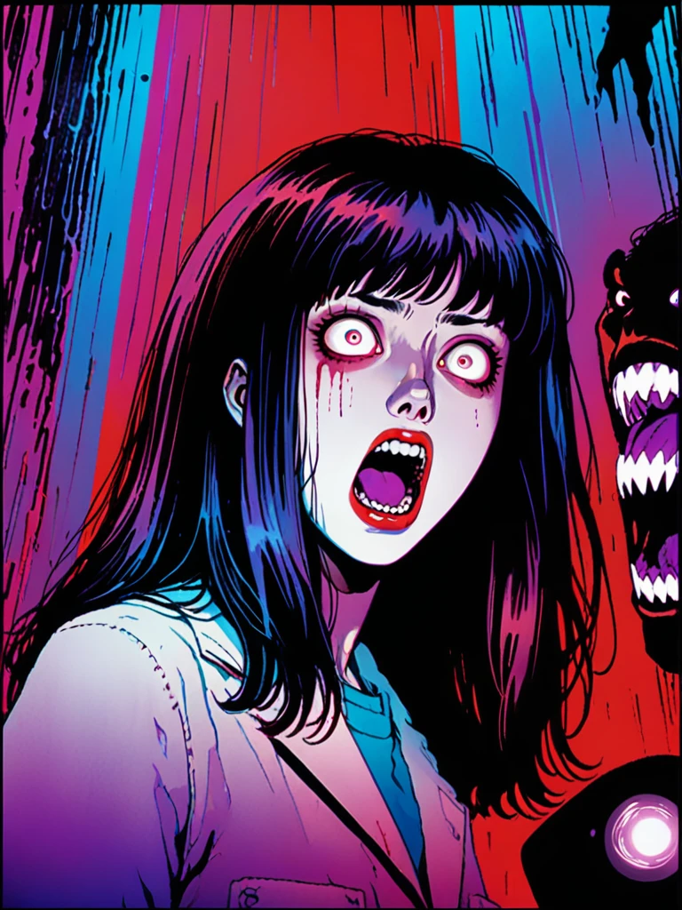illust、art、from 80s horror movie, directed by Junji Ito、darkness、Screaming Woman、Overaction、Overreaction、Acting frightened、high detail, realsitic shadow、Analog style, vhs style, 8mm film, chromatic aberration, Dvd screengrab、Blue-purple and red-purple gradation、Anguished look