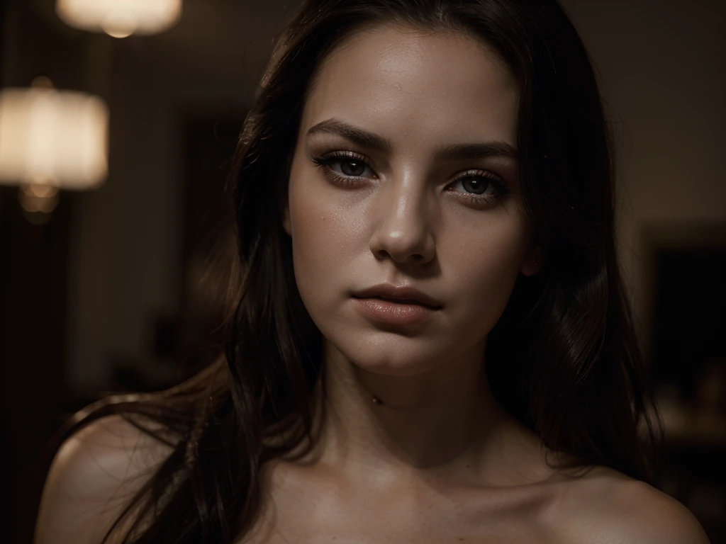a chiaroscuro portrait of a beautiful woman, elegant lady, detailed facial features, piercing eyes, lush lips, long dark hair, porcelain skin, dramatic lighting, high contrast, deep shadows, warm tones, cinematic, dramatic, photorealistic, award winning, 8k, hyper detailed, masterpiece