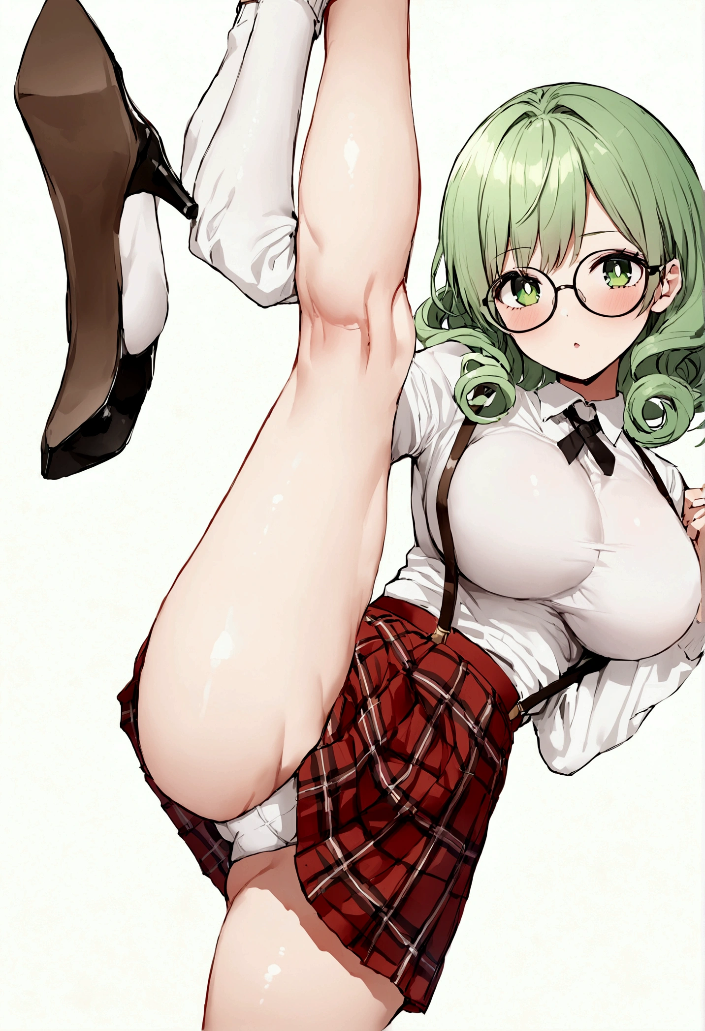 A young girl,Around 20 years old,university student,Greasy green hair,Short curly hair like a boy,Fine pupils,Green eyes,Wear round glasses,Full breasts,Off-shoulder sweater,Red and white plaid skirt,Black suspenders,Brown leather high heels,The background is a college campus。