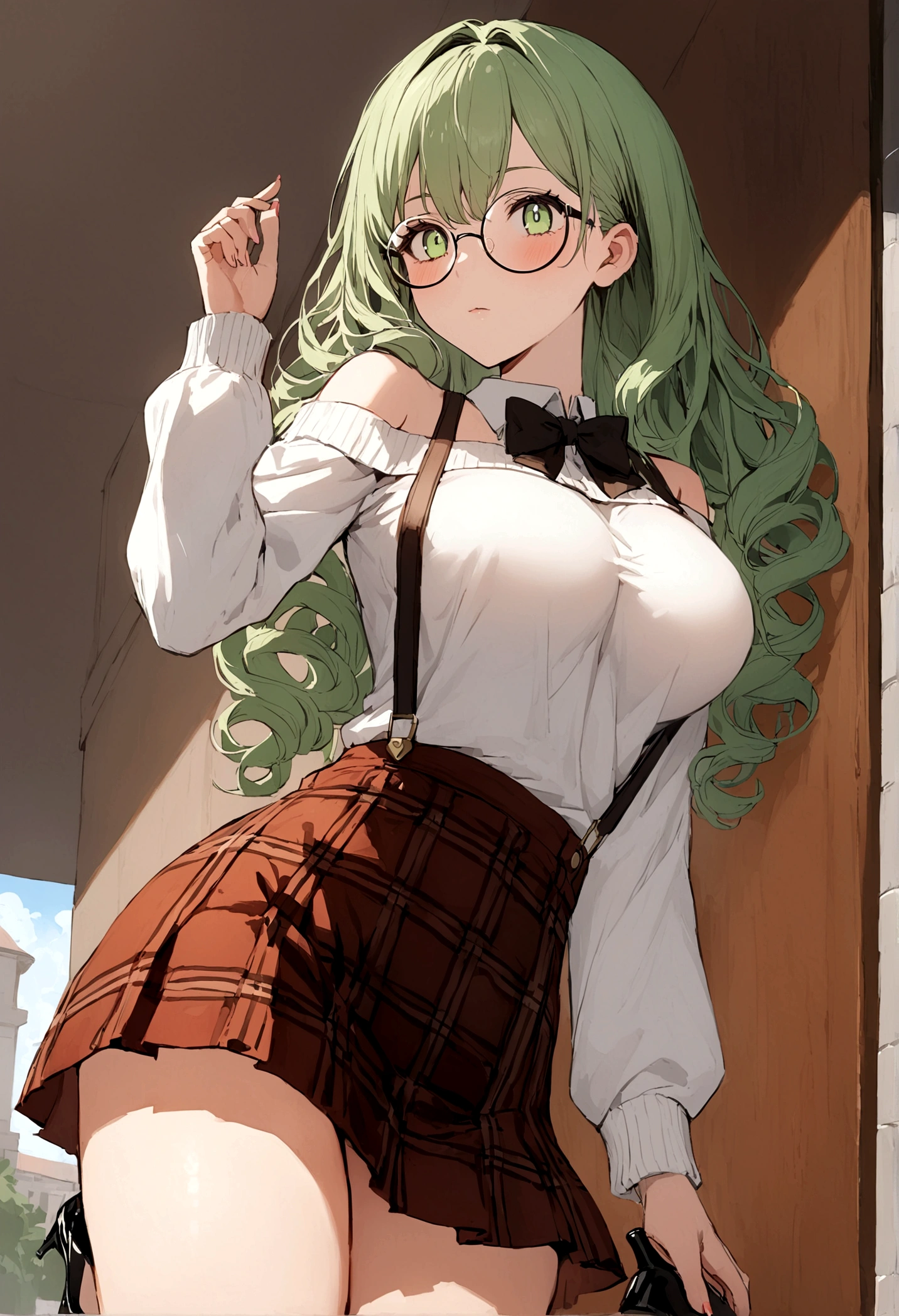 A young girl,Around 20 years old,university student,Greasy green hair,Short curly hair like a boy,Fine pupils,Green eyes,Wear round glasses,Full breasts,Off-shoulder sweater,Red and white plaid skirt,Black suspenders,Brown leather high heels,The background is a college campus。
