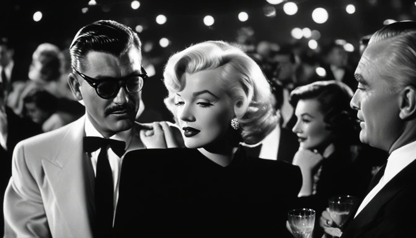 a vintage film still of Marilyn Monroe with makeup looking at balding Clark Gable who has glasses and is clean shaving outside a hollywood matinee at night with a big crowd, vintage photo, , panavision, 16:9, vintage photography, haze, bokeh, glamorous composition, film still, champagne commercial, inspired by George Hurrell, steven meisel photography, very realistic film still, color