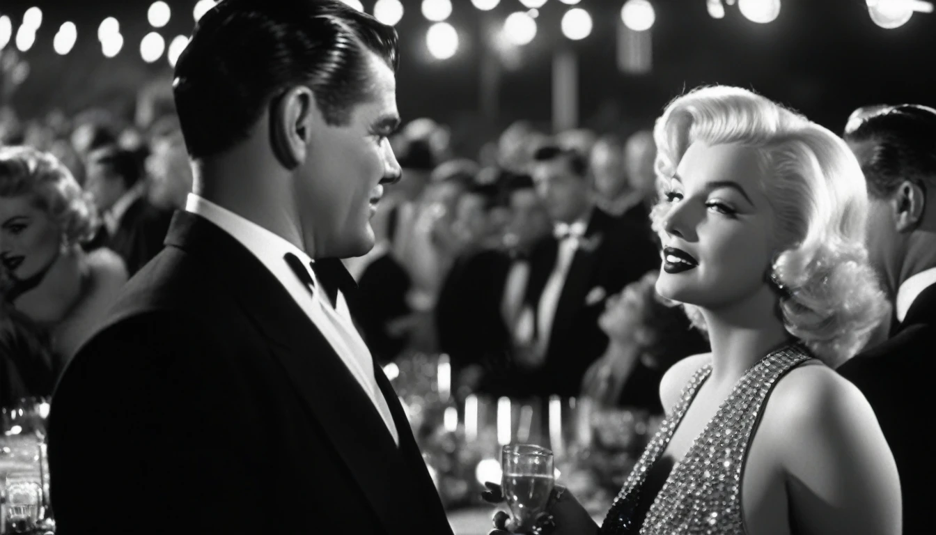 a vintage film still of Marilyn Monroe with makeup looking at balding Clark Gable who has glasses and is clean shaving outside a hollywood matinee at night with a big crowd, vintage photo, , panavision, 16:9, vintage photography, haze, bokeh, glamorous composition, film still, champagne commercial, inspired by George Hurrell, steven meisel photography, very realistic film still, color