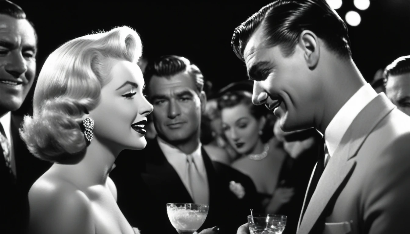 a vintage film still of Marilyn Monroe with makeup looking at balding Clark Gable who has glasses and is clean shaving outside a hollywood matinee at night with a big crowd, vintage photo, , panavision, 16:9, vintage photography, haze, bokeh, glamorous composition, film still, champagne commercial, inspired by George Hurrell, steven meisel photography, very realistic film still, color
