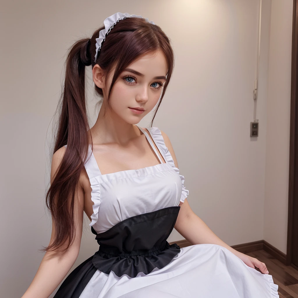 masterpiece,(best quality, illustration,detailed face:1.3),(1girl,solo:1.3),beautiful detailed eyes, apron, gradient_background, gradient, maid, purple eyes,red hair,small breasts,, BREAK, enmaided, white_apron, black_dress, ponytail, black_footwear, frilled_apron, dress, maid_apron, alternate_hair,very long hair, split_ponytail, halo