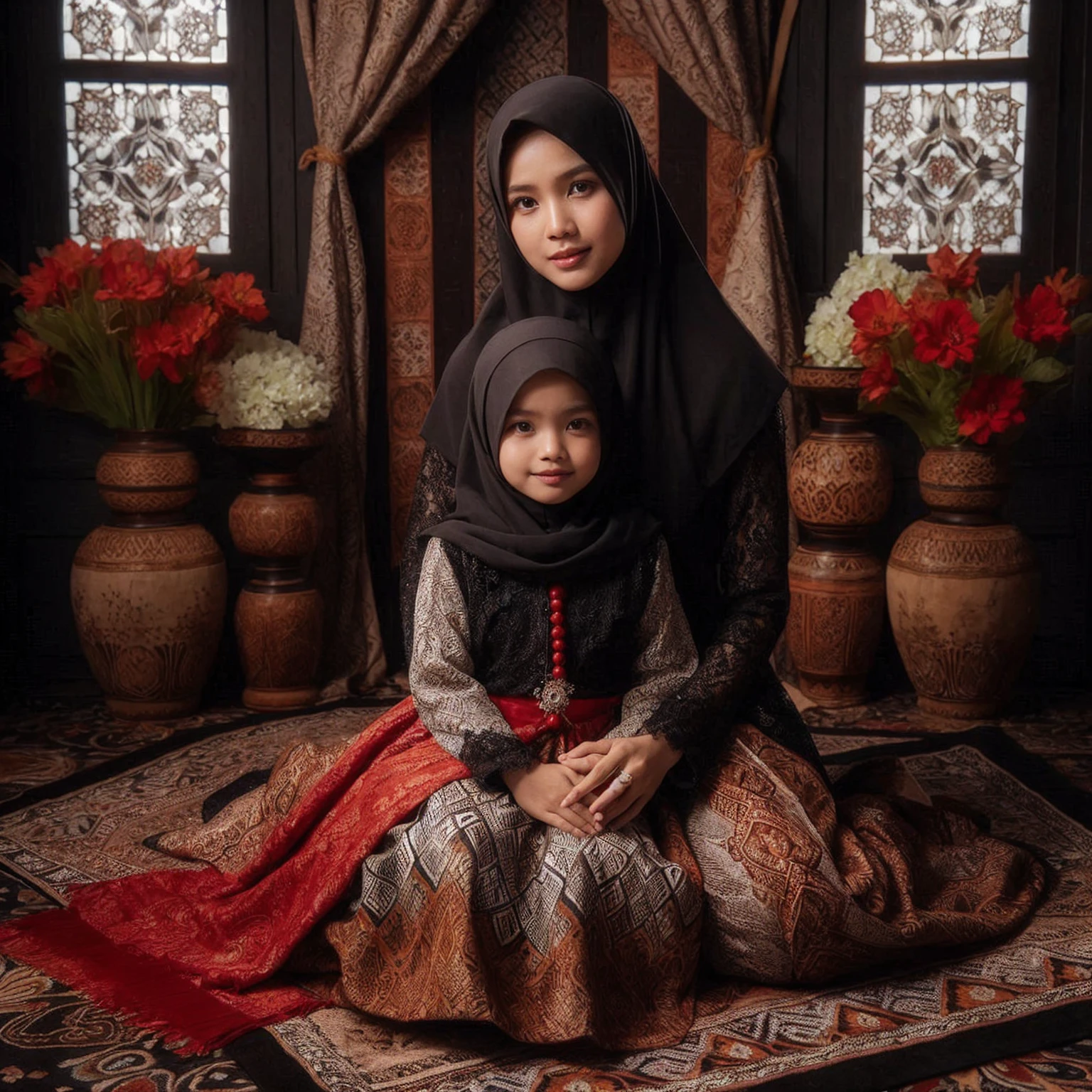 Indoor portraits, Indonesian friendly, a 30 year old women with with hijab and 5  daughter with hijab, they wear traditional Javanese black kebaya with batik bottoms skirts, holding red shawl on hands, they sit on a velvet carpet of batik motifs, the background in a traditional Javanese black studio room with batik walls, 8k, photography, flower vases, javanese traditional decorations.