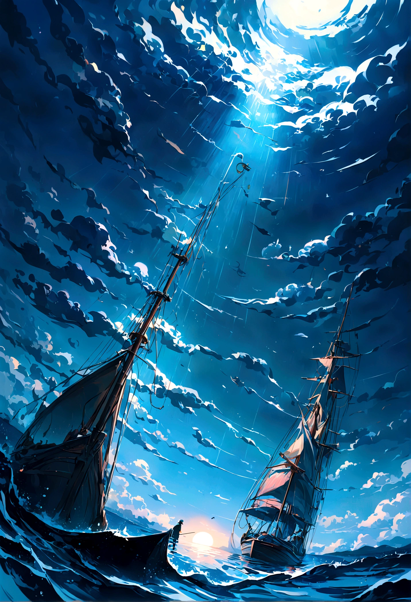  Standing in the ocean, cough, There is a small fishing boat nearby, A grand spectacle, Depressing atmosphere, Surrealism, Chiaroscuro, light, Wide-angle lens, masterpiece, precise, Anatomically correct, Super Detail, High Detail, best quality