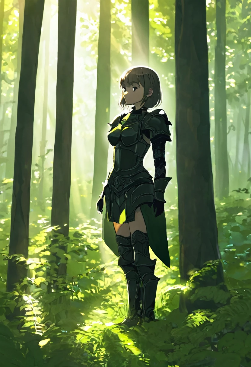 1 Girl in the Forest, sun light, little shadow, tiny chest Armor