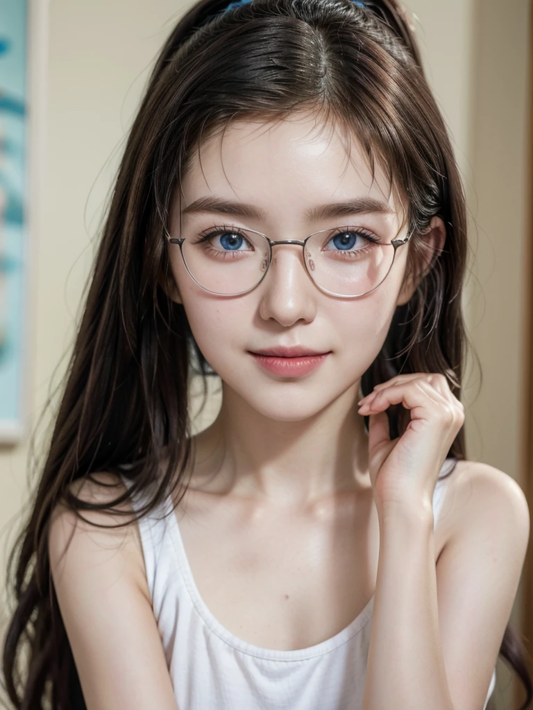 ((Best quality, masterpiece, detailed)), (RAW, 4k, hd images), shy, 1 girl, 20 years old, white skin, long hair, ponytail, layers hair, bangs, black hair, beautiful girl, cute girl, sweet girl, pretty girl, perfect girl, perfect eyes, pretty eyes, blue eyes, thin lips, thin, (eye line, lip stick soft) perfect , glasses(detailed frame), indoors, smile, sport tank top, close up