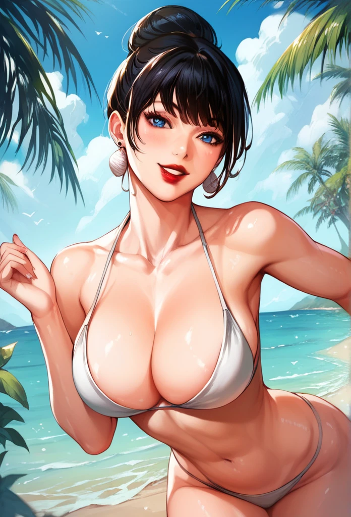 Hot sexy beautiful women running on beach, detailed lips ,blue eyes, detailed , shell earrings , alluring face , red lipstick ,black hair,bangs,hair bun,white string bikini, smiling , breasts jiggling up down