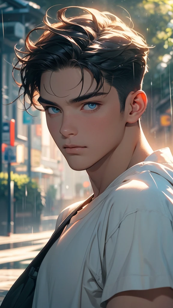 1 boy,Bright background,absurd,masterpiece,high resolution,Complex details,A man in love,Sexy,muscular,strutting outdoor,beautiful eyes,Delicate face,heavy rain,outdoor,Global Illumination,Subsurface scattering,