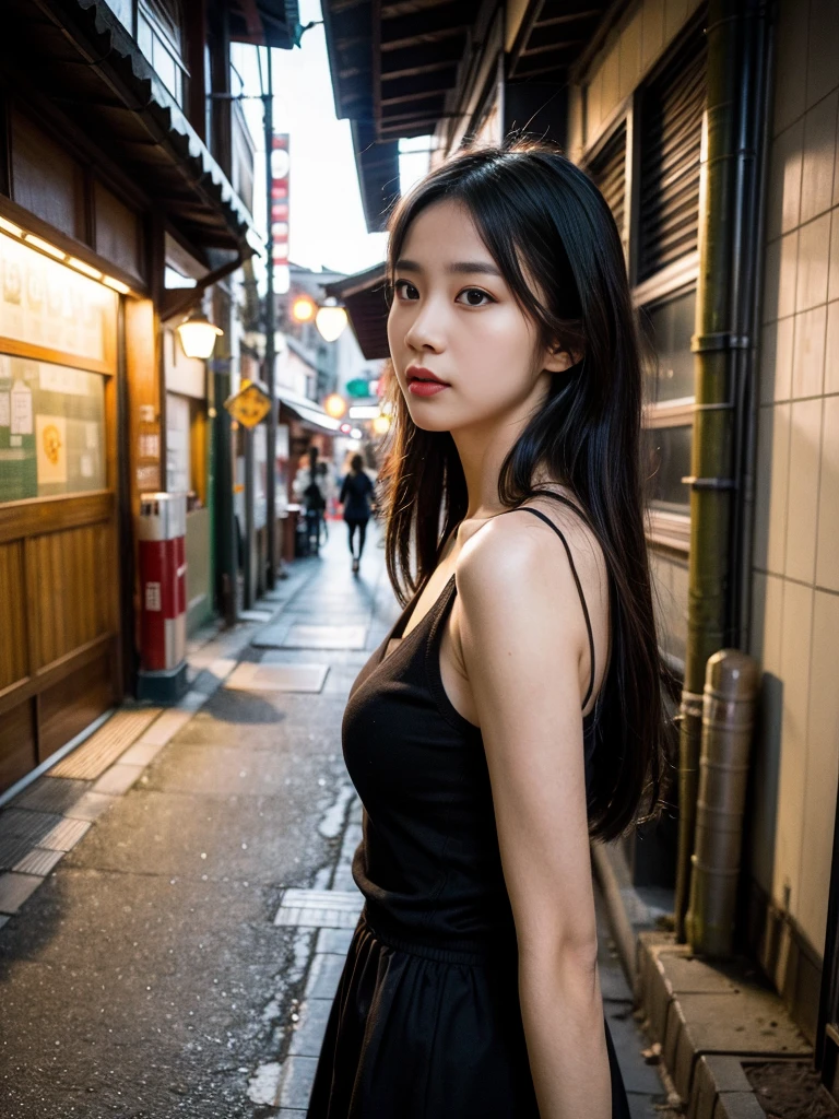 Best quality, masterpiece, ultra high res, (photorealistic:1.4), 1girl, in the dark, deep shadow, low key, (photorealistic:1.4), slim body, undone hair, japanese street alley, dynamic pose,adolescence,cute