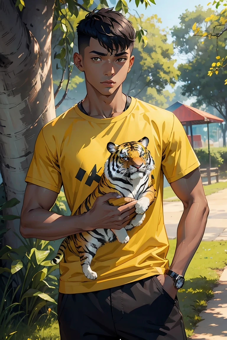 man1,(black skin),round face,brown eyes,black hair,high skin fade haircut for short hair,yellow t-shirt,(a tiger as a pet,Stands with tiger,in the park),retina,masterpiece,ccurate,anatomical correct, textured skin,super detail,high quality,high details,best quality,highres,UHD,1080P