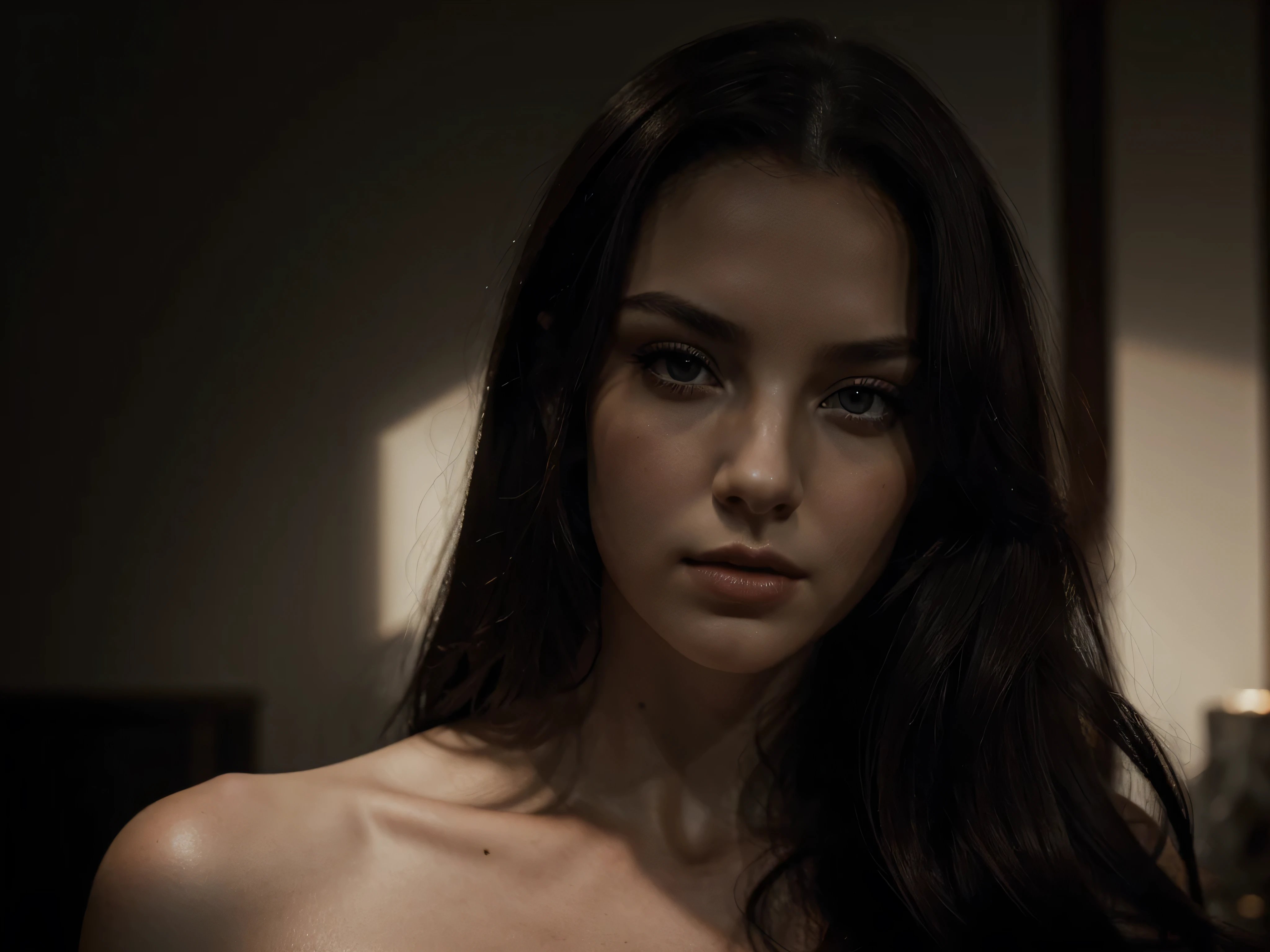 a chiaroscuro portrait of a beautiful woman, elegant lady, detailed facial features, piercing eyes, lush lips, long dark hair, porcelain skin, dramatic lighting, high contrast, deep shadows, warm tones, cinematic, dramatic, photorealistic, award winning, 8k, hyper detailed, masterpiece