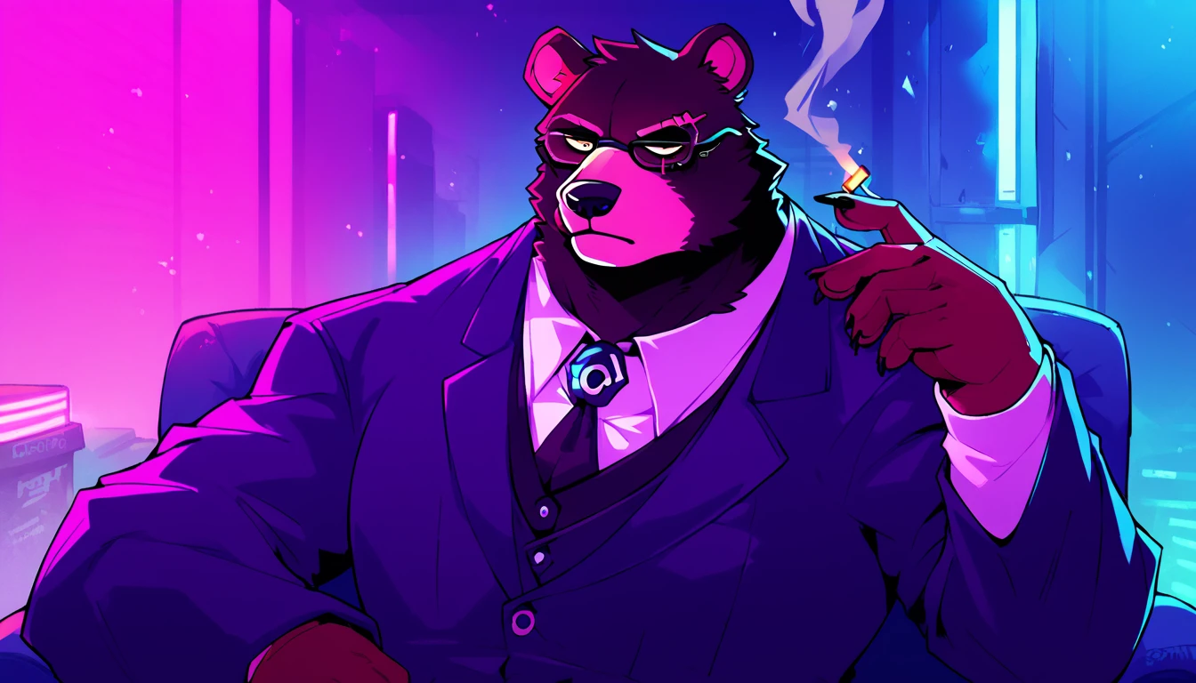 score_9, score_8_up, score_7_up, (cyberpunk city, night room, luxury apartment, security guards on background:1.5),
((Grizzly bear:1.5), anthro, solo, male, sitting in an armchair, (smoking cirage:1.2), ((wearing business suit, mafia mole boss)), ((black fur:1.5)), (blind_eyes, black glasses:1.5), scars, beautiful, (wears cyberpunk additions, without an eyes:1.5)