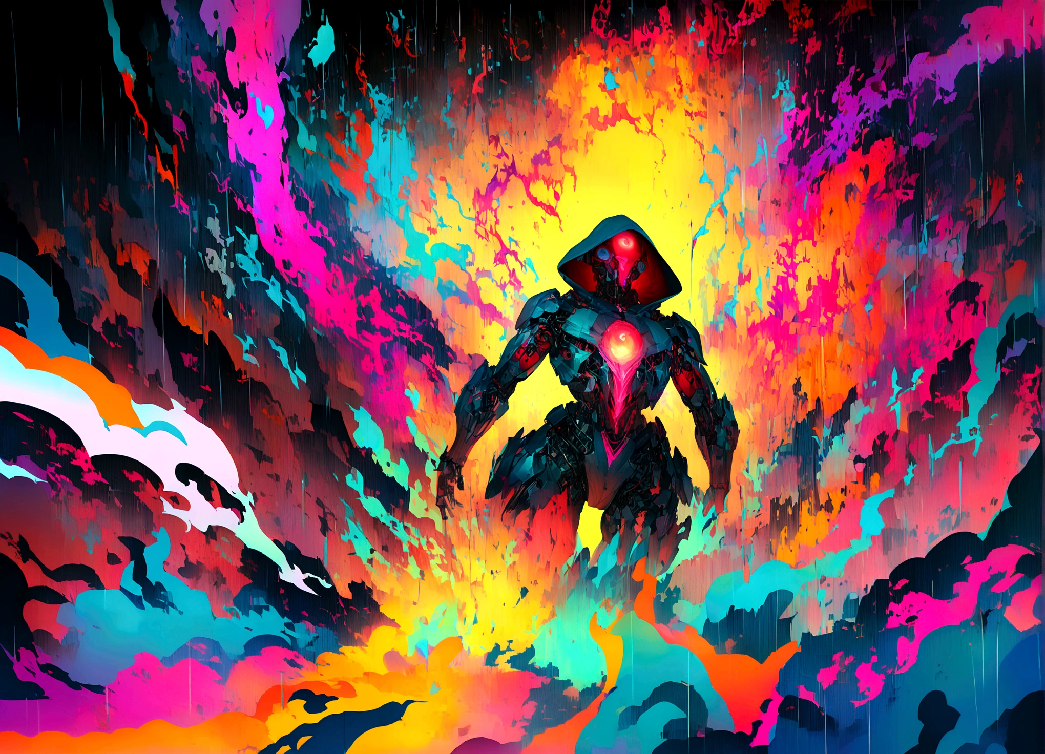 masterpiece, cyborg, The body is glamorous、, Wearing a hood, Shrouded in shadow, , Positano colours, Completely in frame, whole body, Emits electrical energy, whole body, Beautiful anime waifu style man, Ultra-detailed CG paintings, Luminism, Art by Kahn Griffith and Vadim Kashin Concept Art, 8K resolution, Fractal isometric details Bioluminescence , complicatedly detailed , Cinematic, trending on art station Isometric Centered hyper Realistic cover photo awesome full color, Grainy, Realistic, complicated, Hit definition , Cinematic, Bold, Vibrant, amazing, Super high quality model、Being pelted by rain in the dark、Controlling Lightning、Red eyes