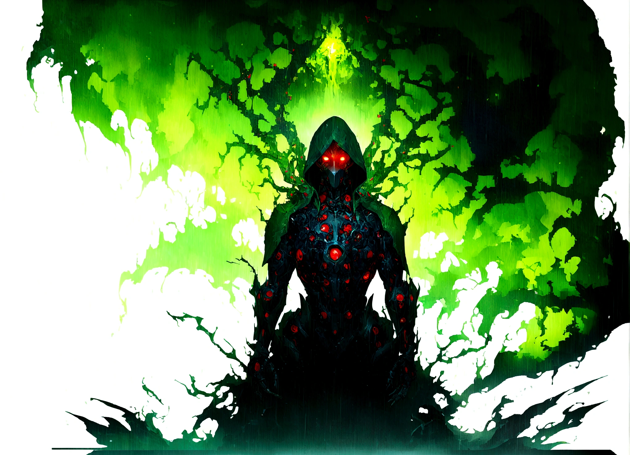 masterpiece, cyborg, The body is glamorous、, Wearing a hood, Shrouded in shadow, , Positano colours, Completely in frame, whole body, Emits electrical energy, whole body, Beautiful anime waifu style man, Ultra-detailed CG paintings, Luminism, Art by Kahn Griffith and Vadim Kashin Concept Art, 8K resolution, Fractal isometric details Bioluminescence , complicatedly detailed , Cinematic, trending on art station Isometric Centered hyper Realistic cover photo awesome full color, Grainy, Realistic, complicated, Hit definition , Cinematic, Bold, Vibrant, amazing, Super high quality model、Being pelted by rain in the dark、Controlling Lightning、Red eyes