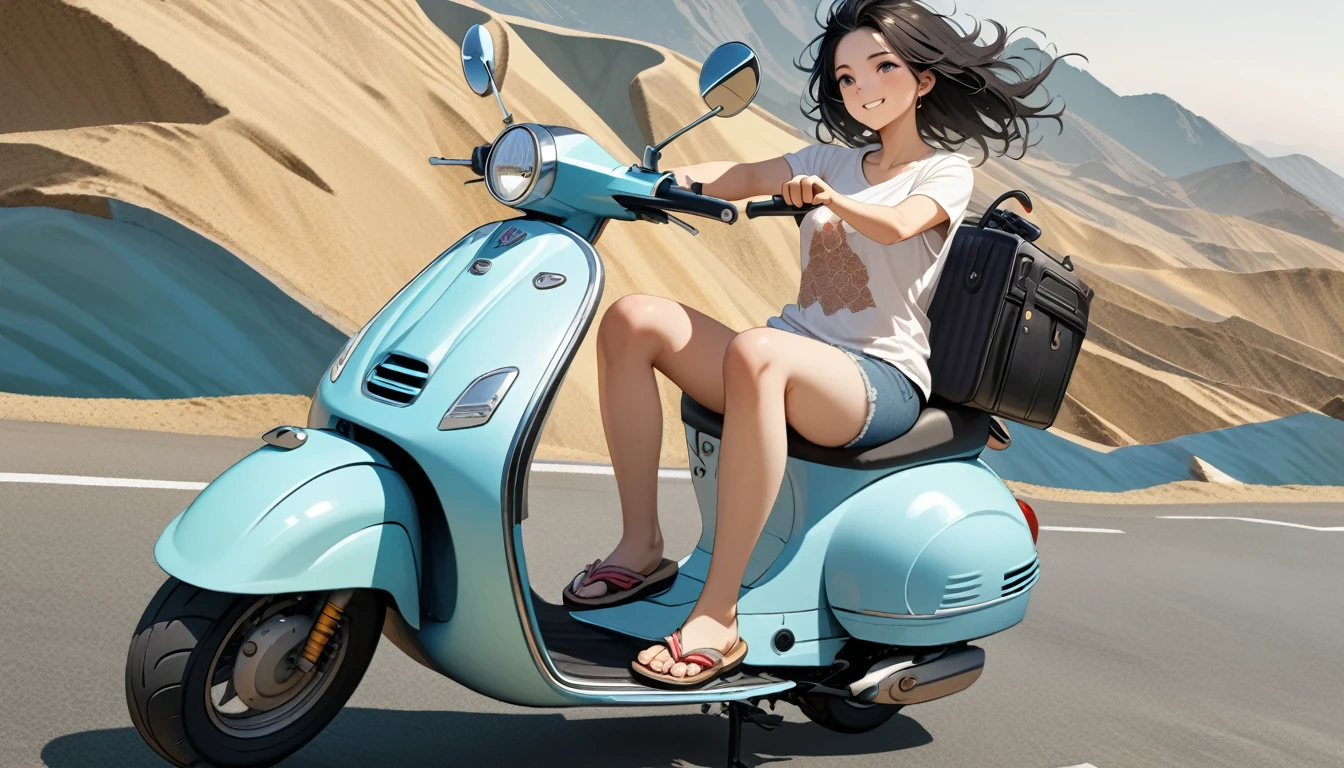 ((8k of extremely detailed CG unit, Masterpiece, high resolution, highest quality, highest quality real texture skin)), (((Driving a Vespa with a smile))), ((1 girl)), ((Japanese patterned helmet,sunglasses)), (Japanese pattern Tシャツ, denim), (Black hair, messy hair, beige skin), (surreal, digital painting)
