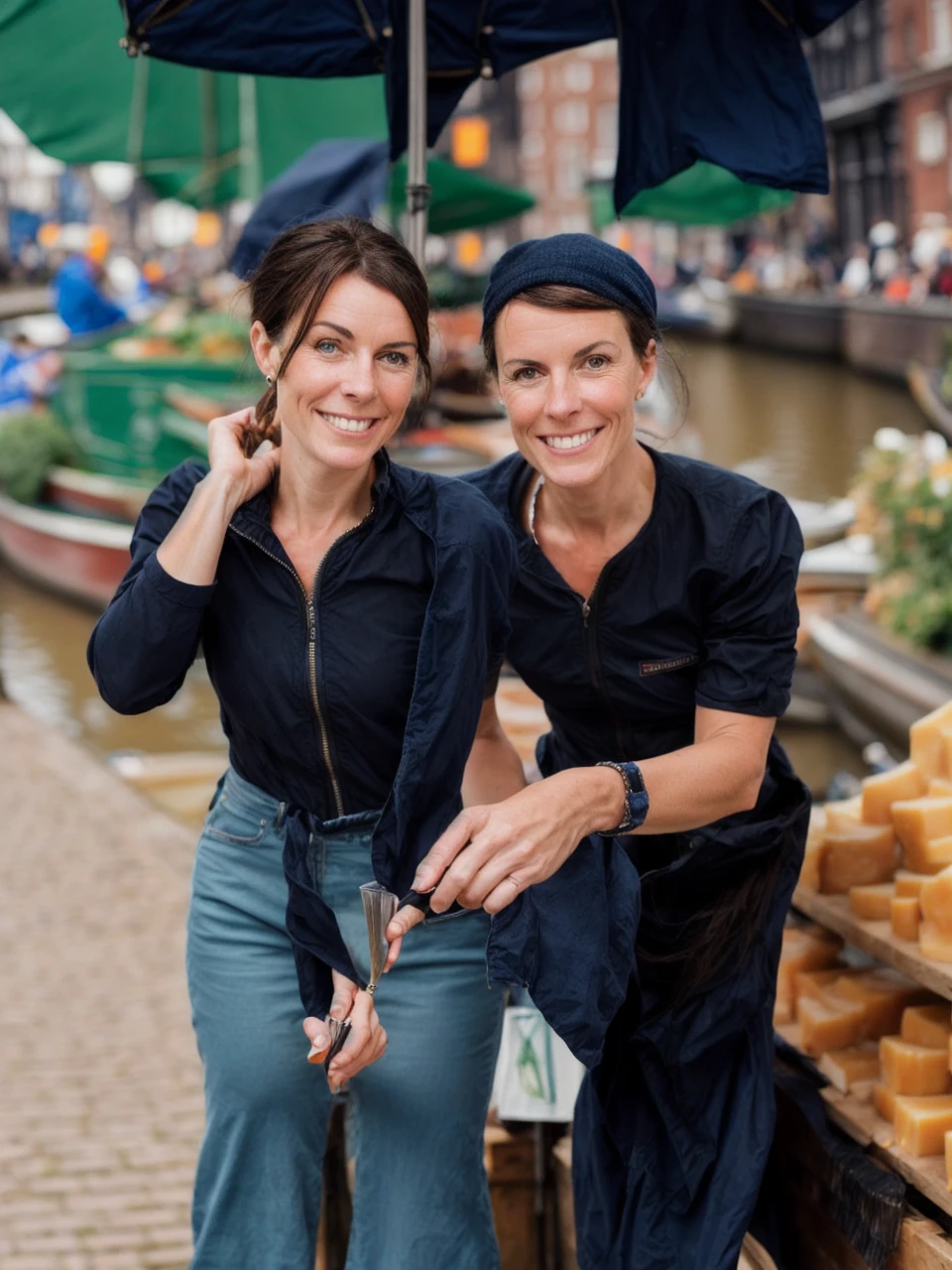 raw closeup of a stunningly beautiful woman, by the canals of holland, shops selling gouda cheese, RAW, 8K, UHD, natural lighting, perfect day, amateur, candid, extreme close up,