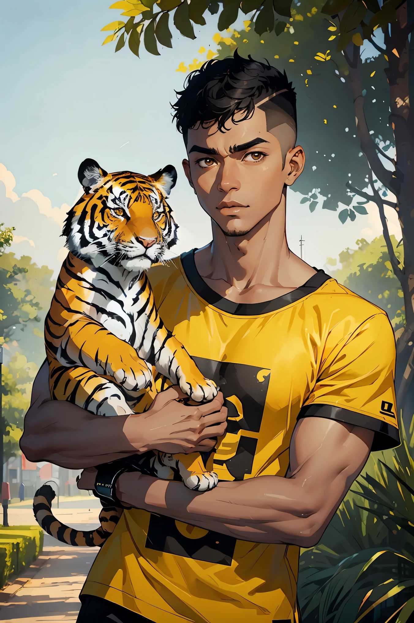 man1,(black skin),round face,brown eyes,black hair,high skin fade haircut for short hair,yellow t-shirt,(a tiger as a pet,Stands with tiger,in the park),retina,masterpiece,ccurate,anatomical correct, textured skin,super detail,high quality,high details,best quality,highres,UHD,1080P