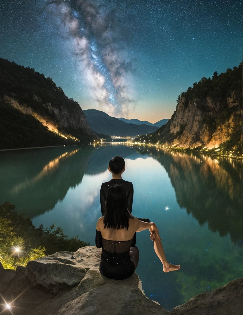 A figure sitting cross-legged on the edge of a cliff,Overlooking the sparkling lake. The reflection of the starry sky dances on the water, Reflecting their introspective gaze.