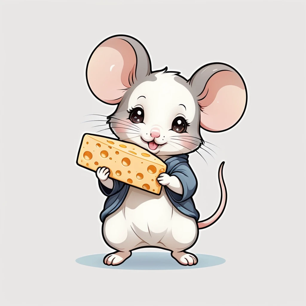 Adorable mouse zodiac character holding a small cheese, kawaii style, charming and playful mood, soft pastel lighting. T-shirt design graphic, vector, contour, white background.