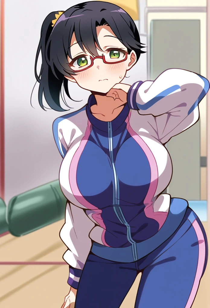 anime　　Black hair ponytail　Gentle face　Glasses　Big Breasts　Gym suit　One person