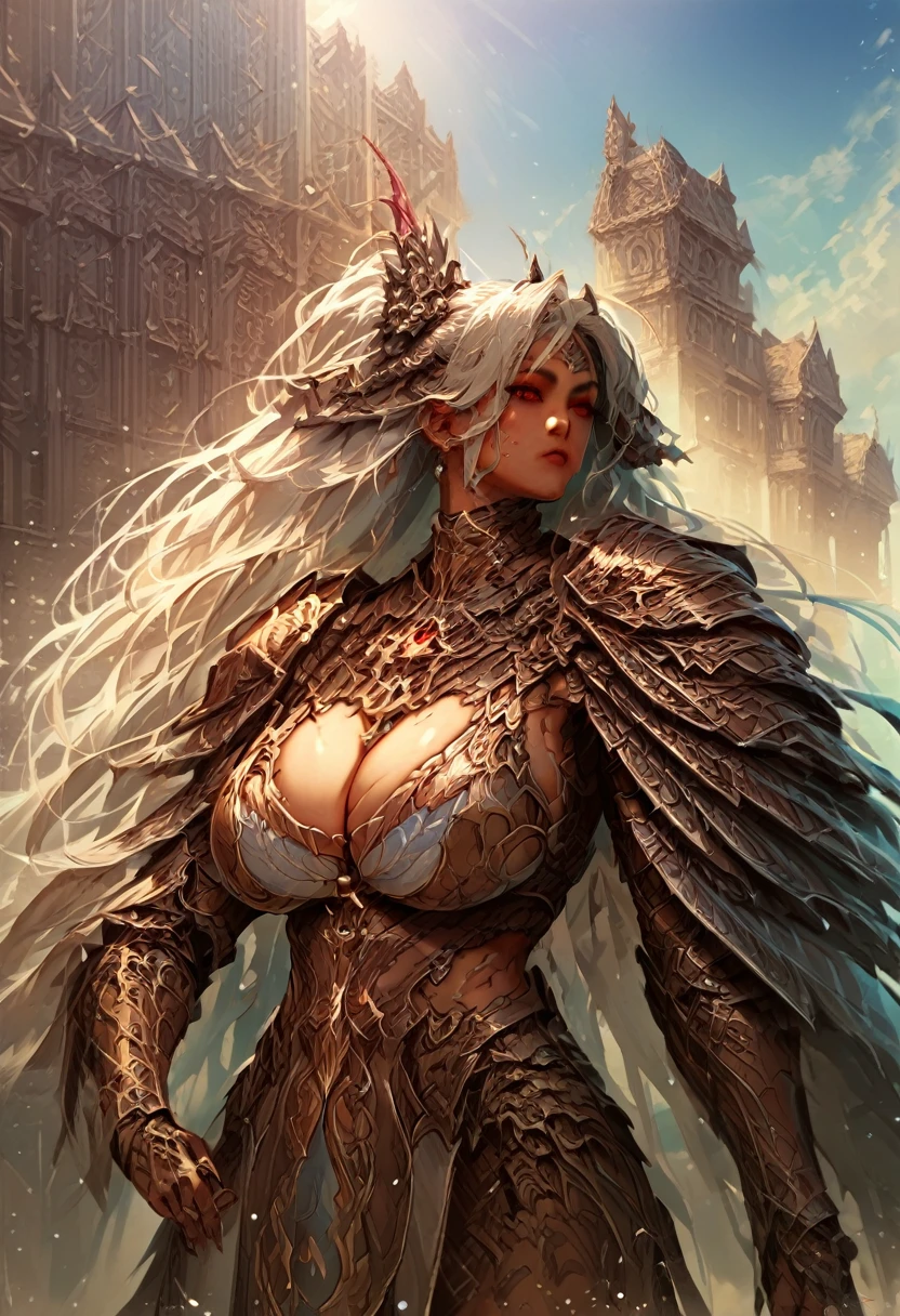 score_9, score_8_up, score_7_up, score_6_up, score_5_up, score_4_up, source_anime, 1girl, white hair, long hair, red eyes, (ornate armor), bikini armor, cleavage, curvy, huge breasts, (wide hips:0.9), (toned female:0.5)