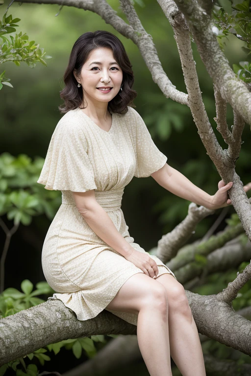 Aunt in Osaka、Organic Photography、best quality、masterpiece、Ultra-high resolution、Beautiful Japanese old lady、60 years old、looking at the audience、Elegant face、Toothy Smile、Wear a plain dress、Wavy Hair、Hot Pants,Legs dangle，Sitting on a high branch，On the hanging branches，Background blur