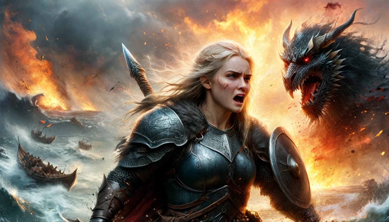 (Intricate details, masterpiece, best quality:1.4) ,
J. R. R. Tolkien and LoRd of the Ring style aRt, Energetic, fantasy, detailed, epic, heroic, Reminiscent《A Song of Ice and Fire》series, Dynamic posture A field, Angry viking warrior with round shield and axe, He roared and rushed into the battlefield. Her face was covered in blood.. In the background you can see the sea and some Viking dragon ships.