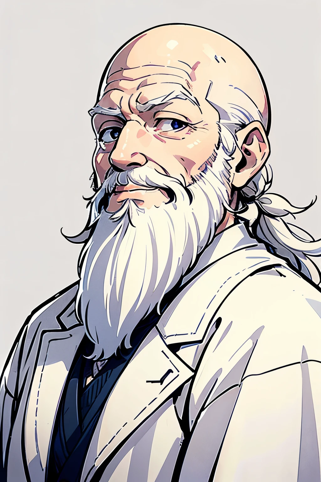 old man, bald, white hair, long beard, white beard, lab Coat, white coat, wrinkles, grey eyes, detailed eyes, old eyes, funny expression, small man, laboratory background, vintage castle background