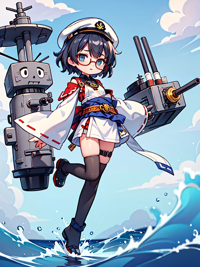 ((((Full body of a woman with perfect flat chest、solo、Short unkempt black hair、white military jacket、Miko costume、tights、Black glasses、White military cap、Cloudy eyes、Sleepy expression)))), (((masterpiece))), (((Shipgirl))), ((Floating on the morning sea with both feet)), (Spread your legs wide open), (Hold the turret with your right hand), (Mechanical arms extending from the waist are used to equip the ship with battleship equipment.), (Equipped with a turret on the back), (Holds the turret with his left arm), Shotgun shells are attached to the thigh with a belt, Spreading the Machine's Wings, Machine tail, shotgun,