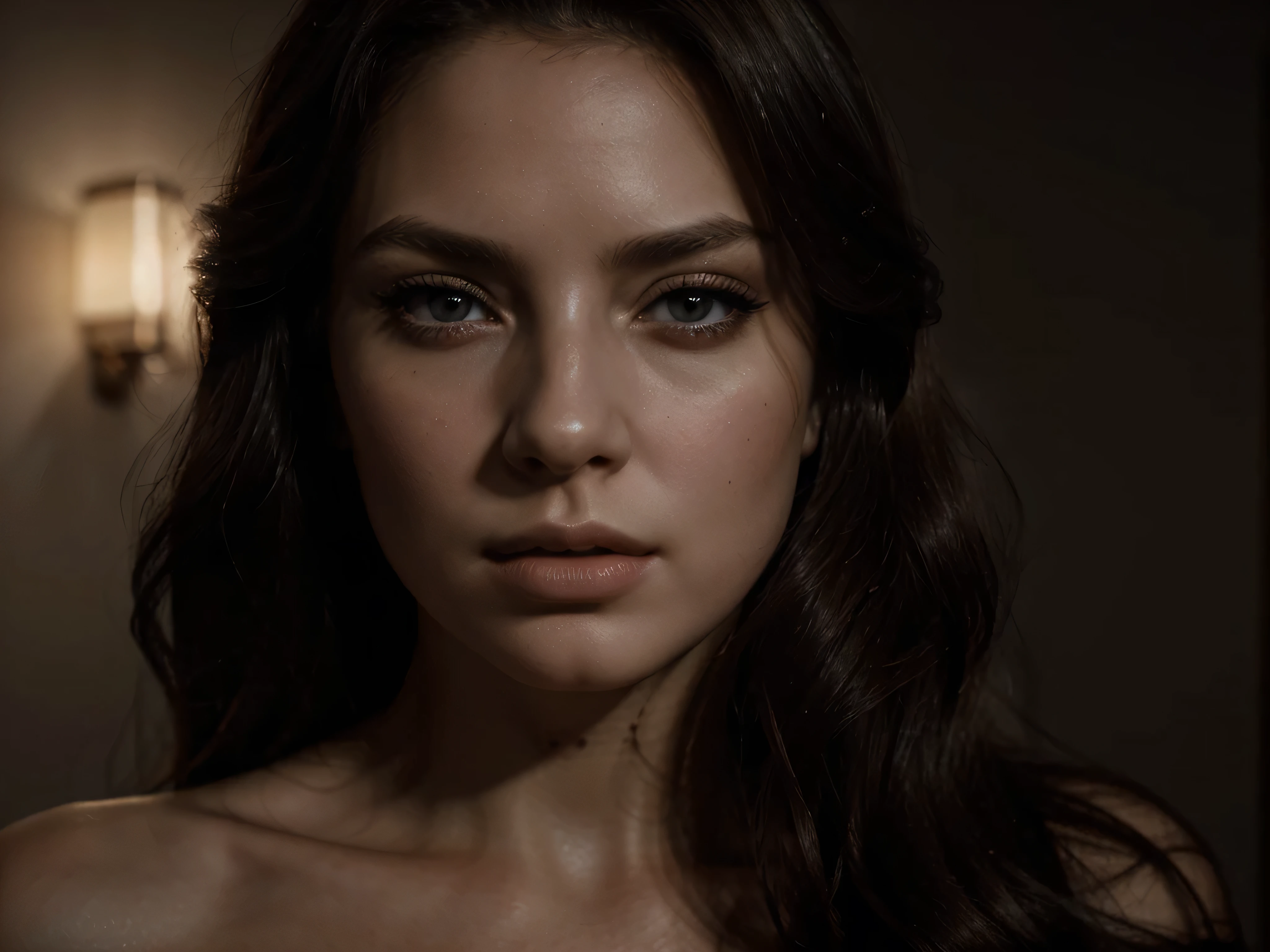 a chiaroscuro portrait of a beautiful woman, elegant lady, detailed facial features, piercing eyes, lush lips, long dark hair, porcelain skin, dramatic lighting, high contrast, deep shadows, warm tones, cinematic, dramatic, photorealistic, award winning, 8k, hyper detailed, masterpiece