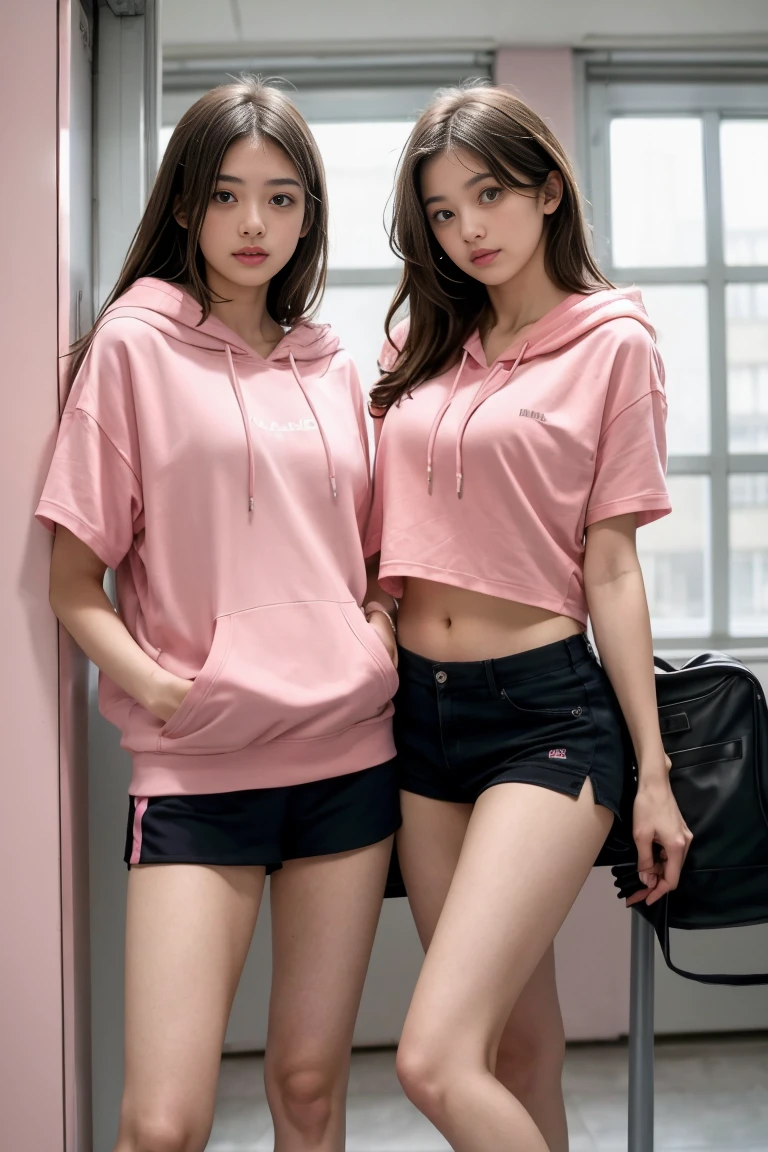 deux femmes ensemble de 18 ans sexy et mince , pink short sleeve hoodie , salle de classe, se touche,position sey,sensuel