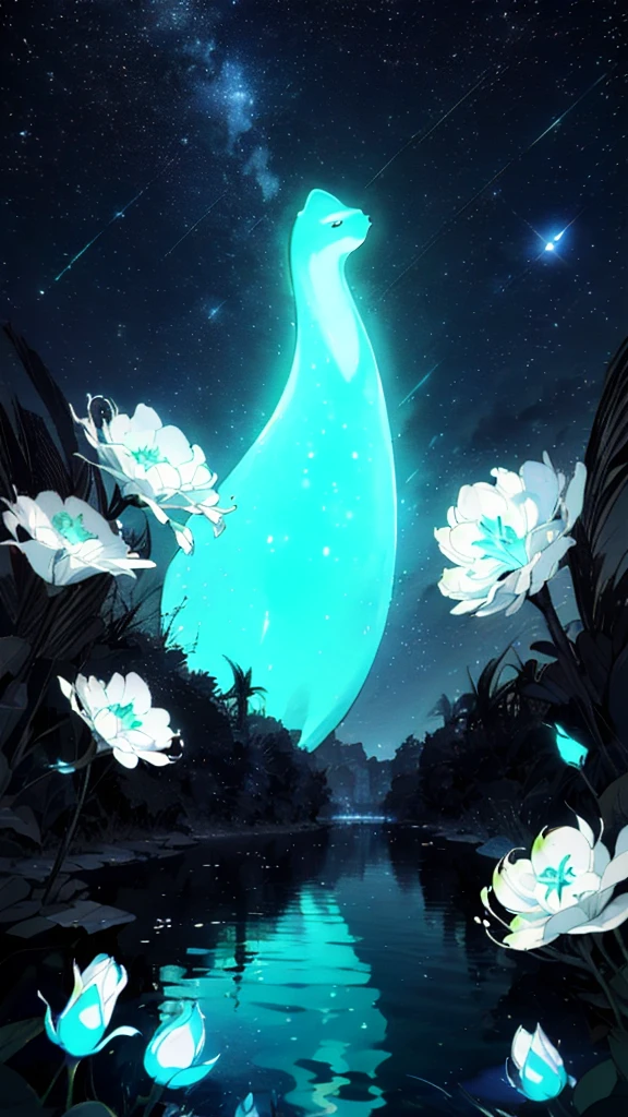 girl, Solitary, masterpiece, best quality,, Stand on the water, Reflective surface, , Animal ear fluff, (poster:0.76), (Palm leaves), White flowers, (Neon indigo glow:1.2), night, Dark theme, Starry Sky, (Bioluminescence), Vague,