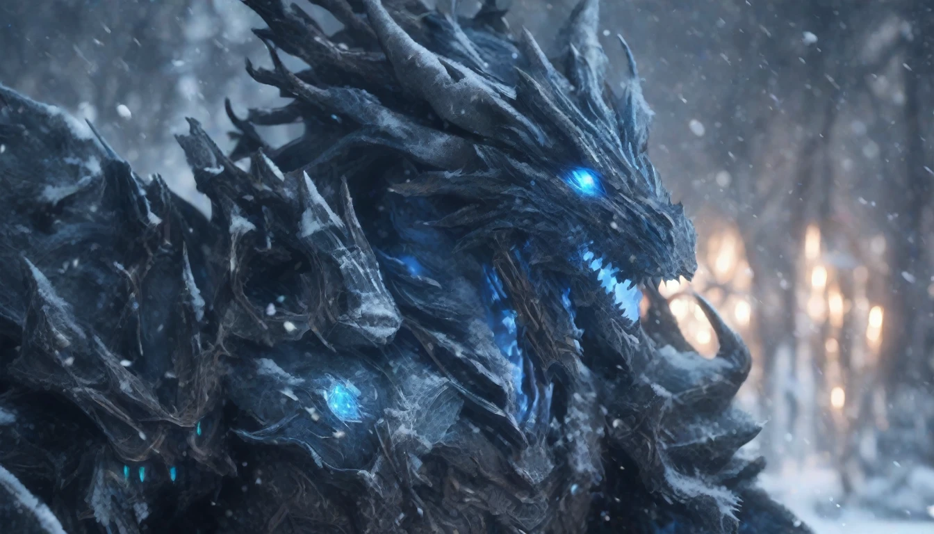 Death Knight Style,A powerful artifact that grants immortality is guarded by a powerful dragon.,8K,masterpiece,Practical,Glowing eyes,epic,Popular on ArtStation,Ultra-fine photography,Clear focus,Frost theme,(Philip Kennedy Johnson:1.2), snow