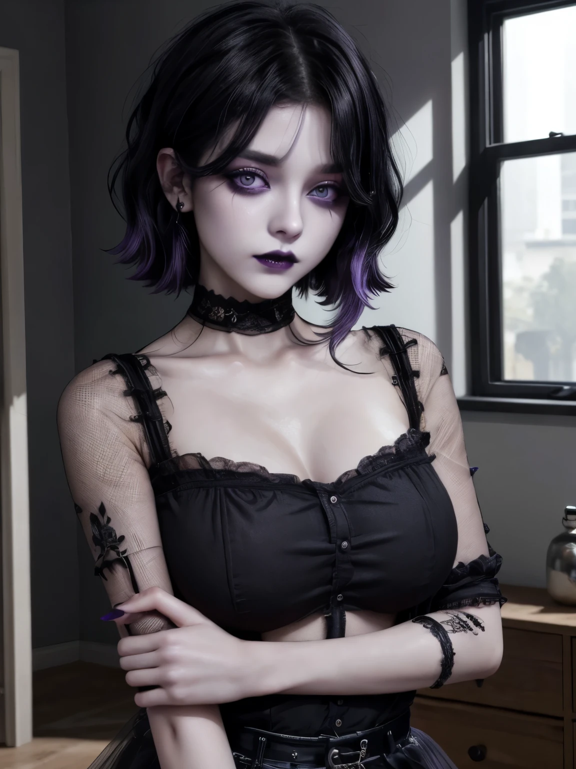 masterpiece, upper body, indoors,  1girl, solo, goth,  goth makeup, smoky eyes, eyeshadow, eyeliner, black lips, black lipstick, black hair, hair over eyes, indoors, mesh shirt, blush, blushing, purple eyes, purple contacts, big breasts