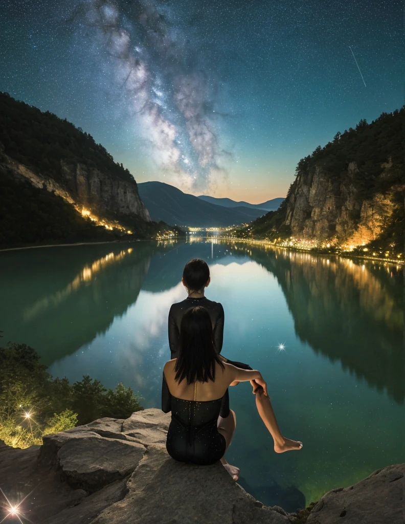 A  figure sitting cross-legged on the edge of a cliff，Overlooking the sparkling lake. The reflection of the starry sky dances on the water, Reflecting their introspective gaze.