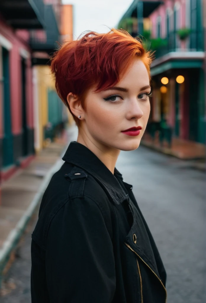 Cinematic, realistic, close-up, cinematic documentary of a 22-year-old woman with vibrant red short hair and eyes the hue of twilight, embracing the lively spirit of New Orleans, Louisiana, the cityâs music and history resonating with her adventurous heart, shot with a Canon EOS R. She has Scottish roots. Tomboy style. Black clothes.