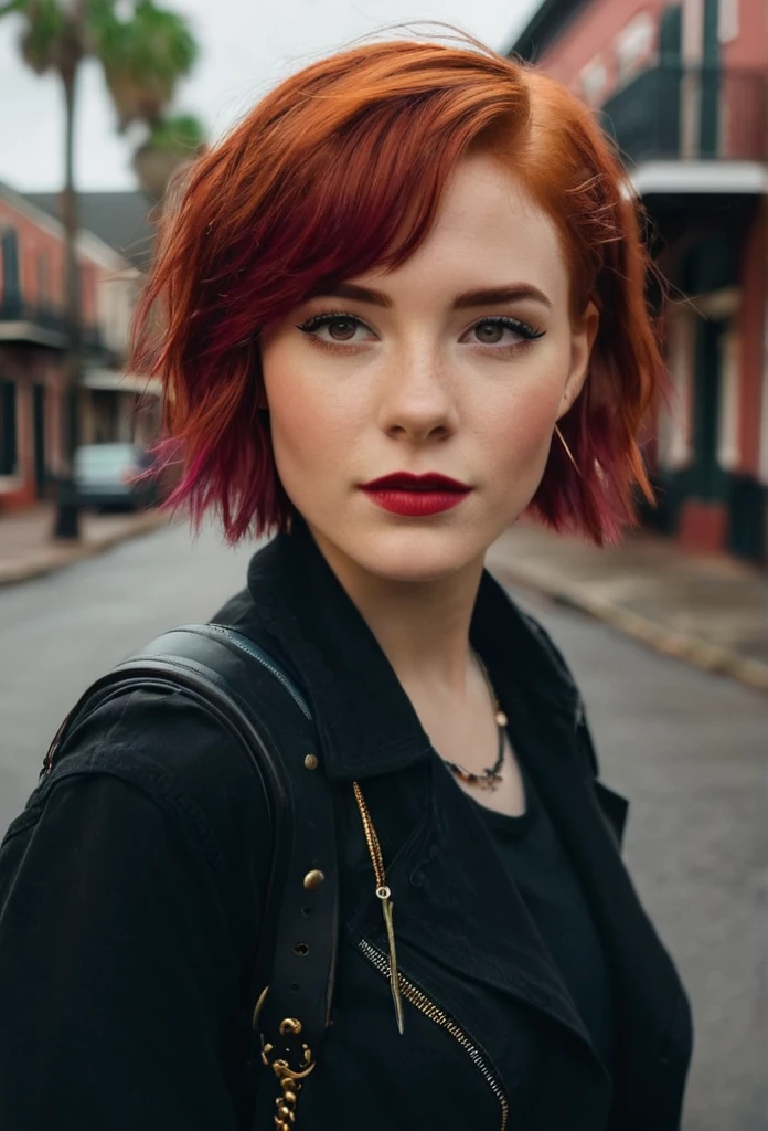 Cinematic, realistic, close-up, cinematic documentary of a 22-year-old woman with vibrant red short hair and eyes the hue of twilight, embracing the lively spirit of New Orleans, Louisiana, the cityâs music and history resonating with her adventurous heart, shot with a Canon EOS R. She has Scottish roots. Tomboy style. Black clothes.