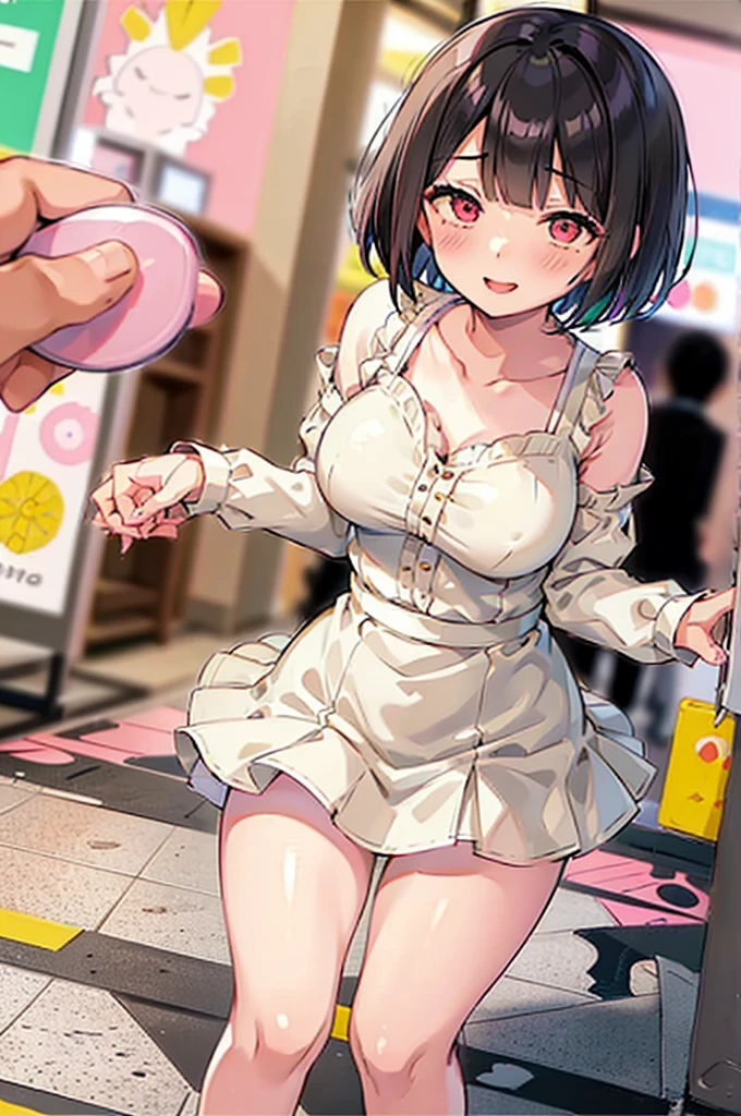 4K，One Girl, MS. end，thin，Very short stature，Very thin thighs，Blunt bangs，Short dress shirt, Half sleeves，Red Suspender Mini Skirt，blush, smile, Bobcut, Black Hair，Vibrant colors, ahegao，A lot of love juice drips down her thighs onto the floor，(remote_play))，remote-vibrating-egg，((Someone else's hand holding a pink round remote control:1.3))、Ecstatic expression，Accurate and detailed female fingers，nsfw,clench