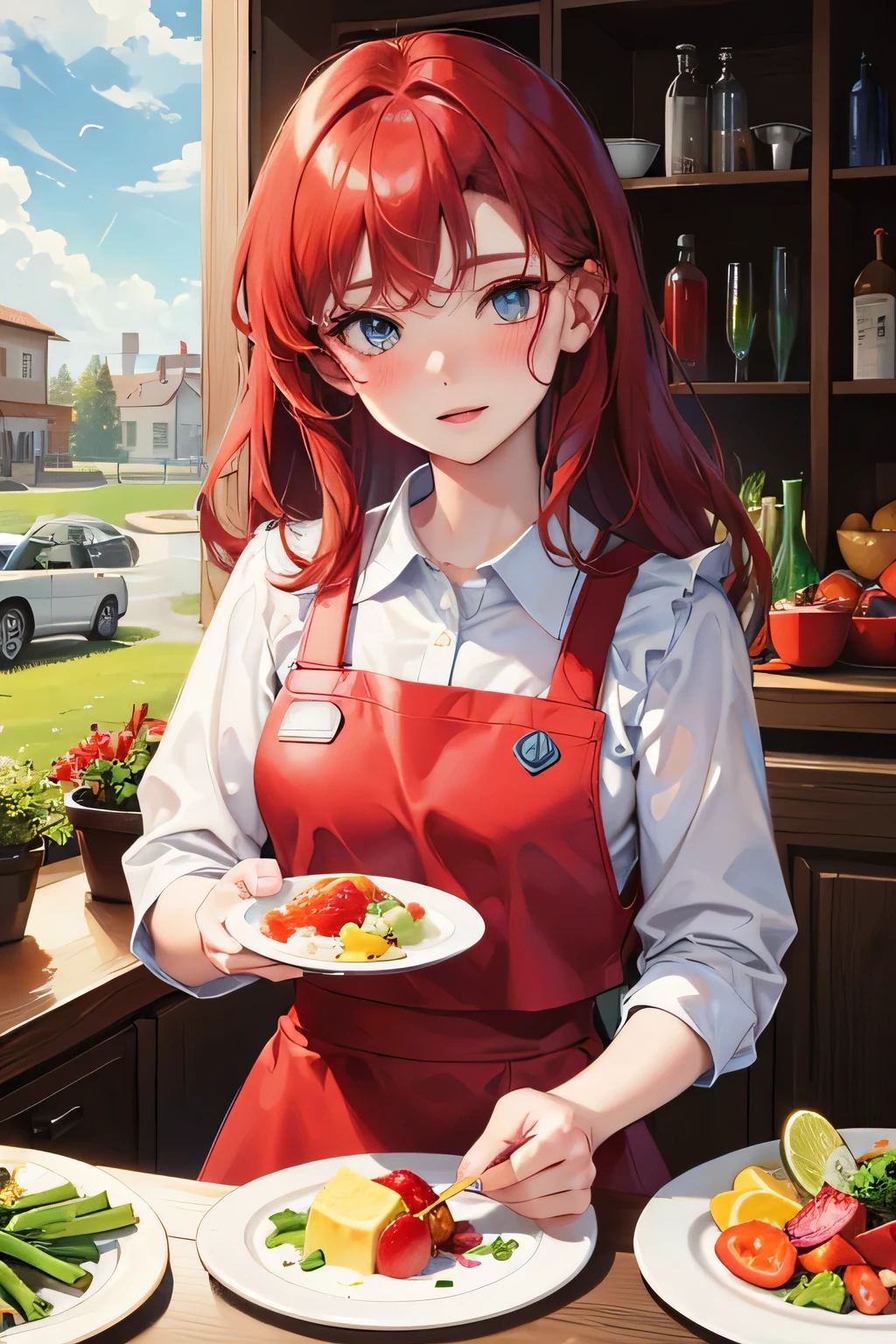 fair skin, red hair, blue eyes, blush on cheeks, crop top, red apron, holding a plate of veggies in both hands