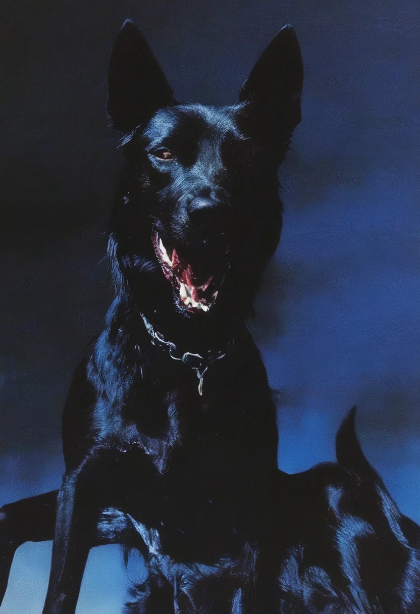 black dog cover in blood in darkness at night, blue background