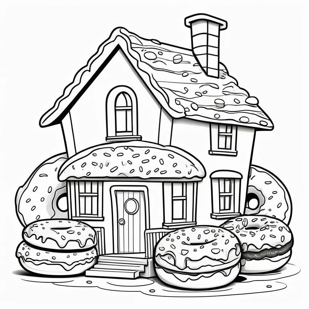 Cute house made from donuts, coloring page for kids, happy, smiling, vector art, minimalistic, vector 2d, black lines white background, coloring page for beginners, vector illustration, pencil strokes, no color, drawing for coloring, white background, pixar style, black and white