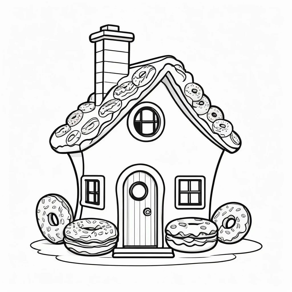 Cute house made from donuts, coloring page for kids, happy, smiling, vector art, minimalistic, vector 2d, black lines white background, coloring page for beginners, vector illustration, pencil strokes, no color, drawing for coloring, white background, pixar style, black and white